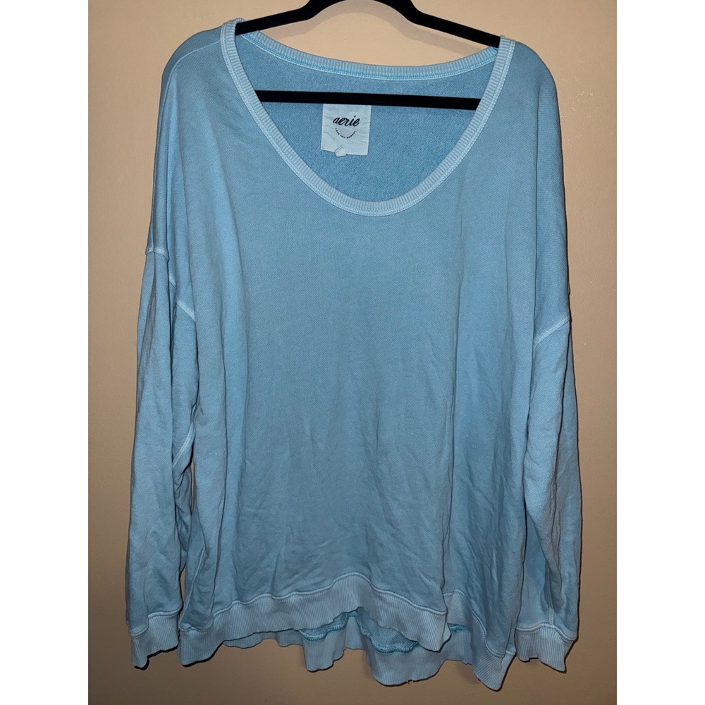 Aerie Womens Light Blue Oversized off shoulder sweatshirt slouchy minimalist LG